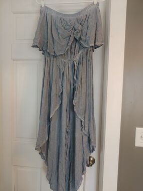 Kori Light Blue Textured Strapless Jumpsuit